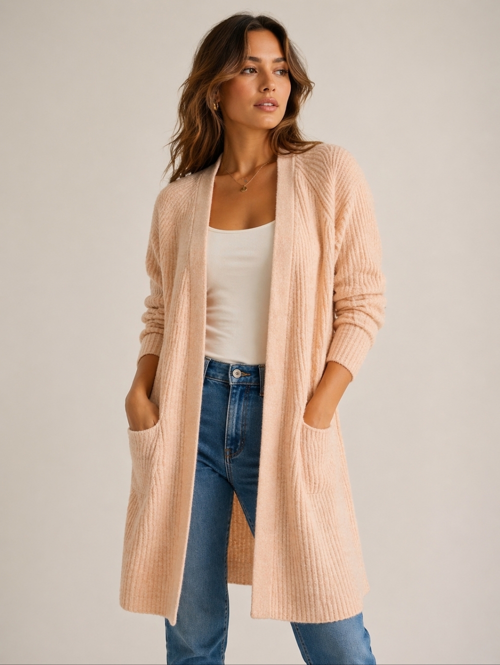 Universal Thread Peach Open-Front Ribbed Long Cardigan, Women's Size Small